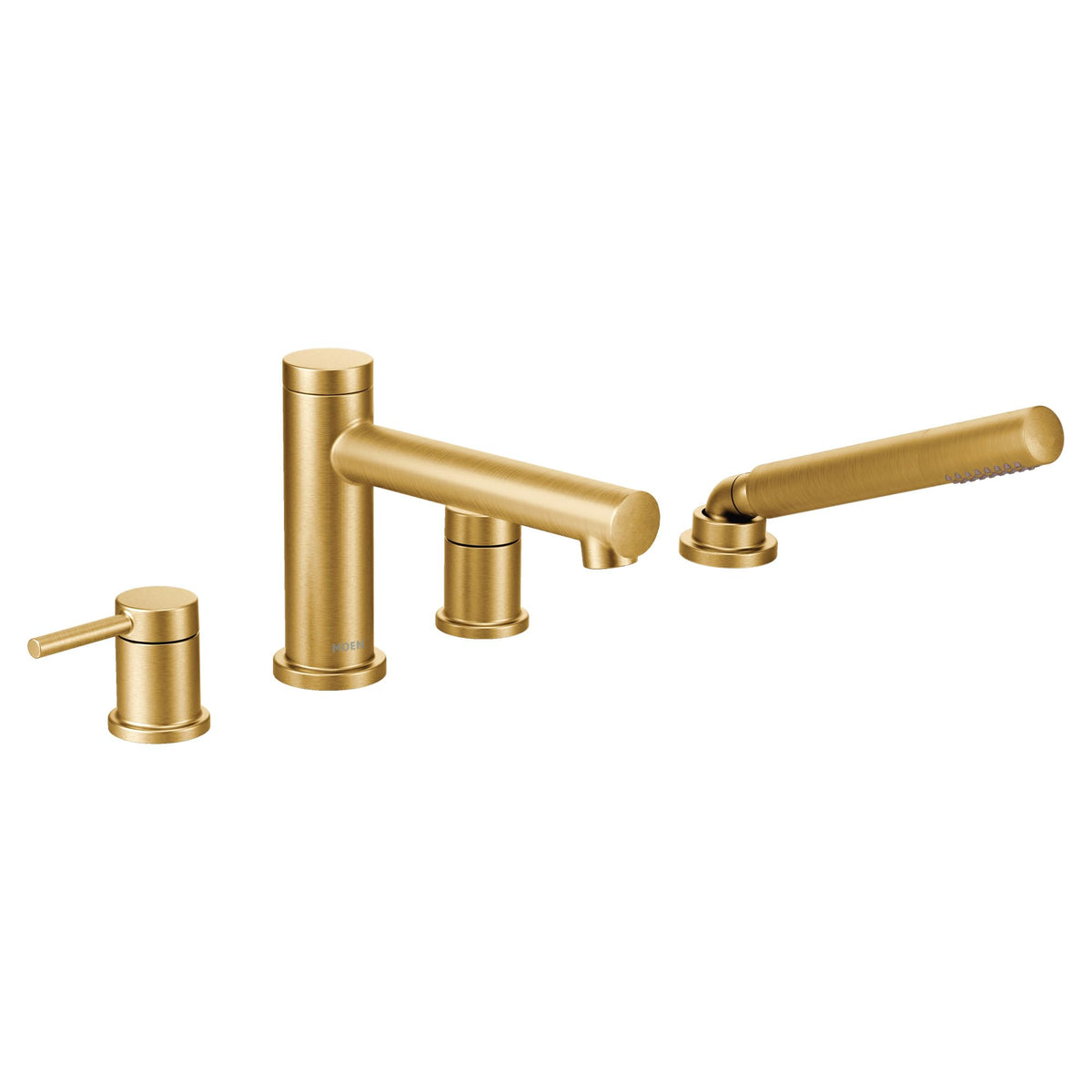 Moen T394BG Align 2-Handle Deck Mount Modern Roman Tub Faucet Trim Kit with Single Function Handshower, 4-hole Bathtub Faucets with Hand Shower Wand and Tub Spout, Valve Required, Brushed Gold