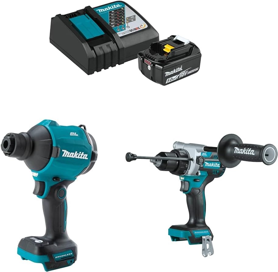 Makita XSA01Z 18V LXT® Brushless High Speed Blower/Inflator & XPH14Z 18V LXT® Brushless 1/2" Hammer Driver-Drill with BL1850BDC1 18V LXT Lithium-Ion Battery and Charger Starter Pack (5.0Ah)