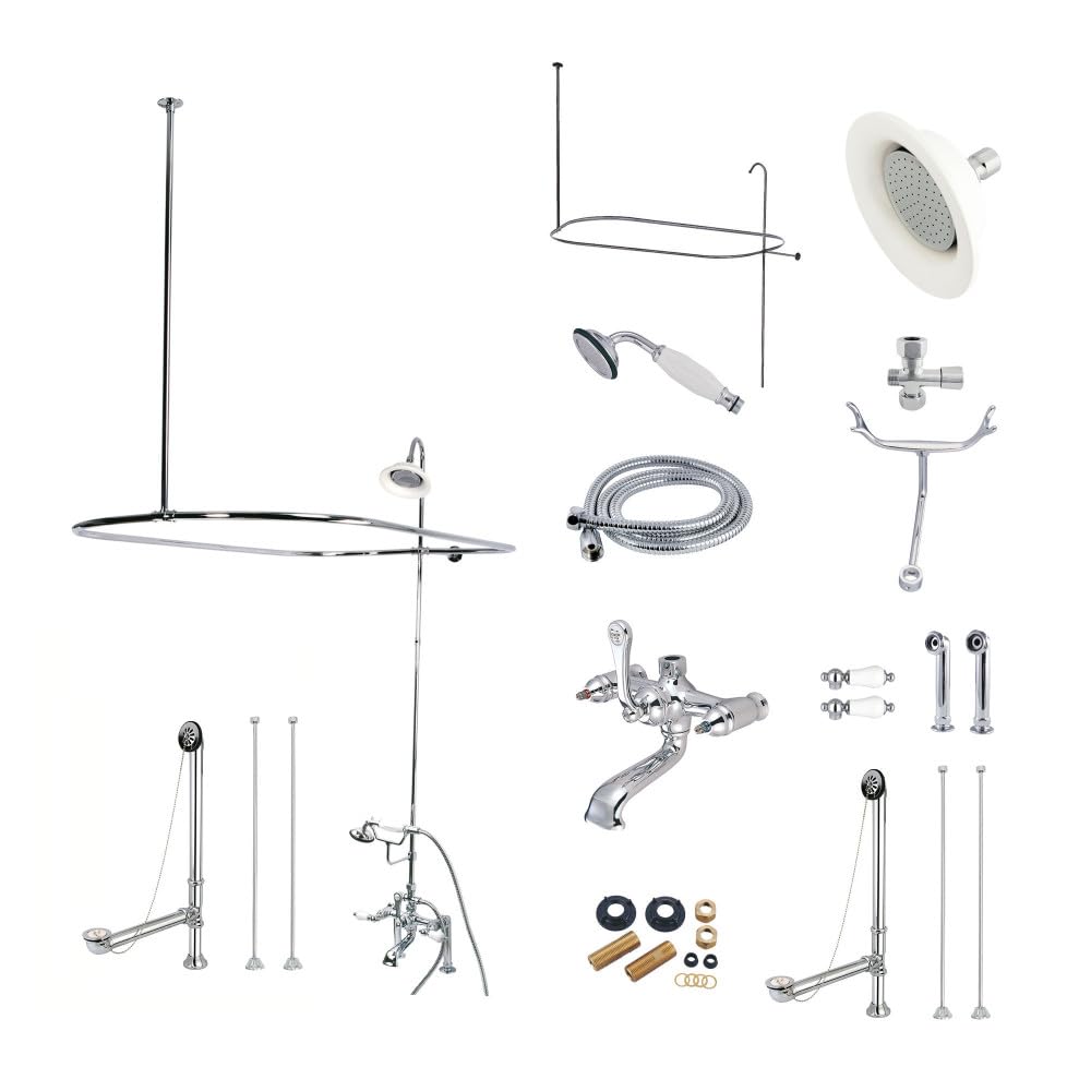 Kingston Brass CCK1171DPL 7-Inch Center Clawfoot Tub Fixture With Shower Riser Package Combo, Polished Chrome