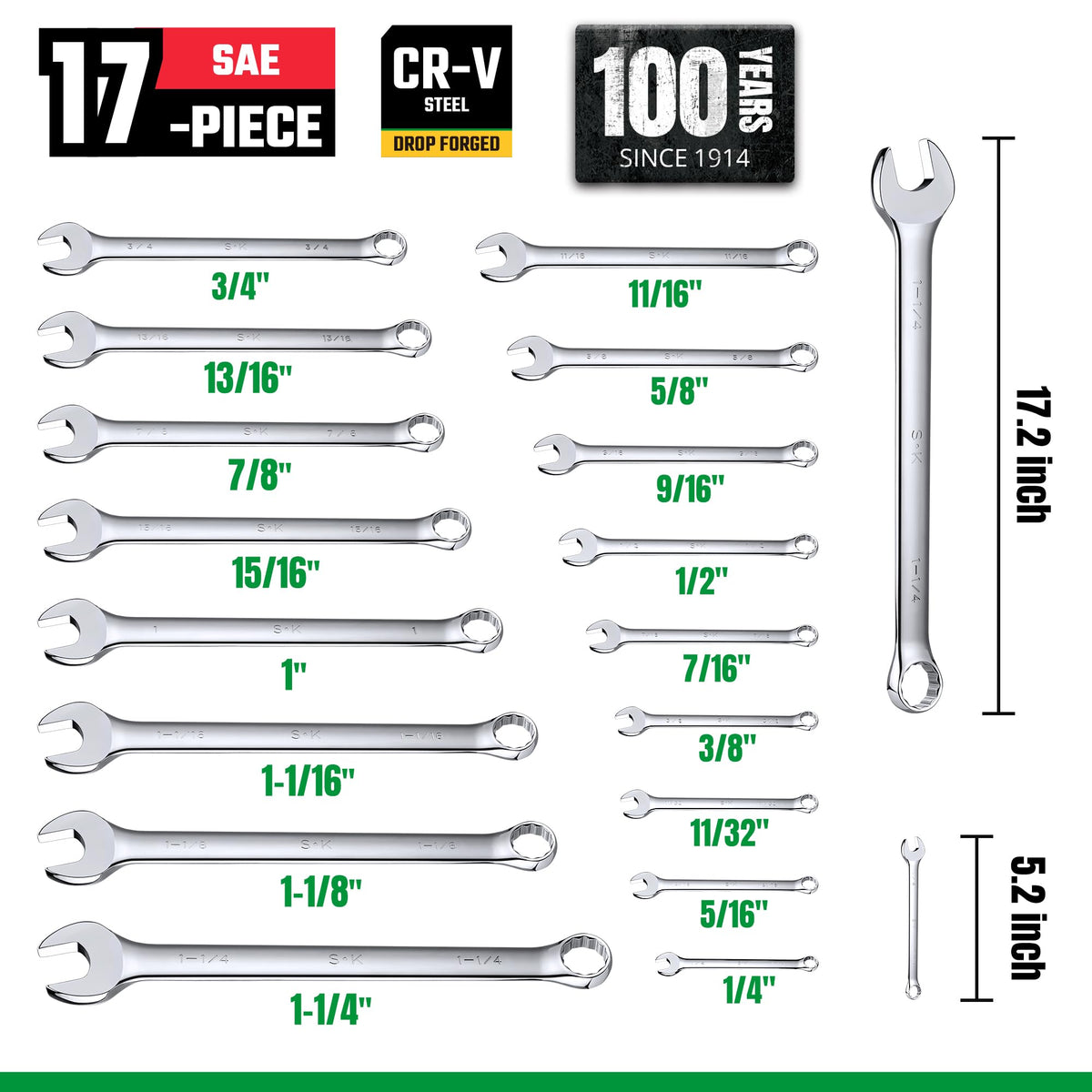 SK Combination Wrench Set, SAE 1/4" to 1-1/4", Metric 6 to 32mm, 42-Piece, SuperKrome Finish, Premium CR-V Construction, with Rolling Pouch