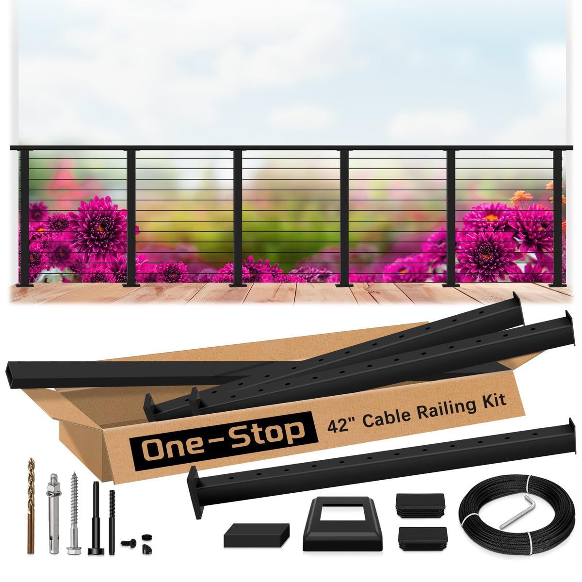 Zylorix 16ft-20ft Complete Set 42" Deck Cable Railing System with Handrail Adjustable, T304 Stainless Steel Black Level Drilled Cable Railing Posts Kit with 1/8" Cable Railing Hardware for Outdoors