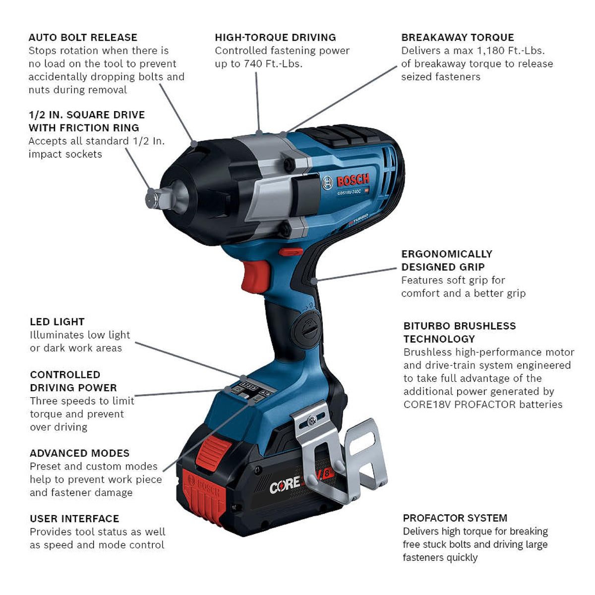 BOSCH GDS18V-740CB14 PROFACTOR™ 18V Connected 1/2 In. Impact Wrench Kit with Friction Ring and (1) CORE18V 8 Ah High Power Battery