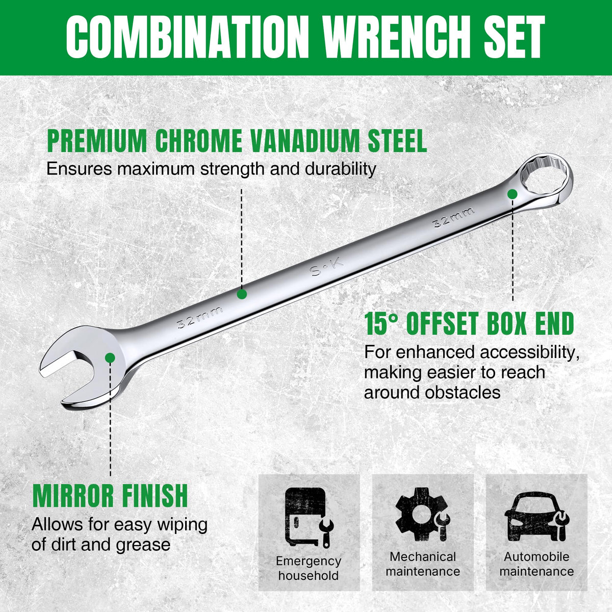 SK Combination Wrench Set, SAE 1/4" to 1-1/4", Metric 6 to 32mm, 42-Piece, SuperKrome Finish, Premium CR-V Construction, with Rolling Pouch