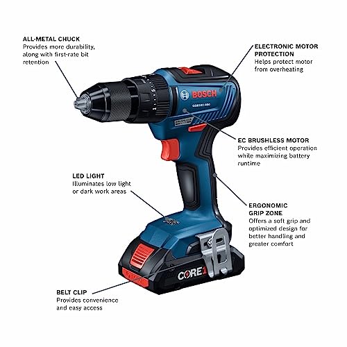 Bosch GXL18V-233B25 18V 2-Tool Combo Kit with 1/2 In. Hammer Drill/Driver, Two-In-One 1/4 In. and 1/2 In. Bit/Socket Impact Driver/Wrench and (2) CORE18V® 4 Ah Advanced Power Batteries