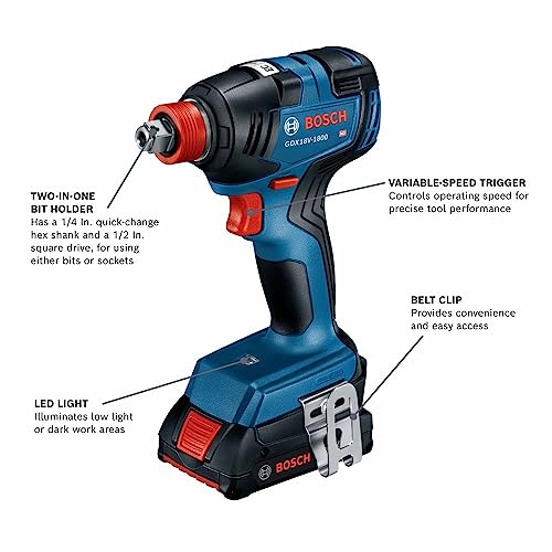 Bosch GXL18V-233B25 18V 2-Tool Combo Kit with 1/2 In. Hammer Drill/Driver, Two-In-One 1/4 In. and 1/2 In. Bit/Socket Impact Driver/Wrench and (2) CORE18V® 4 Ah Advanced Power Batteries