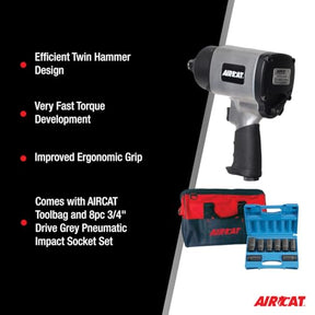 AIRCAT Pneumatic Tools 1777K: 3/4-Inch Impact Wrench Kit with Refined Design Twin Hammer 1,600 ft-lbs of Torque