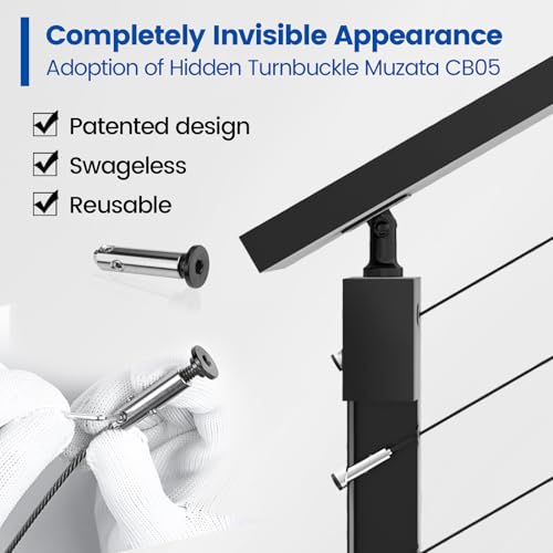 Muzata 13'-19'6" Black Complete Cable Railing Kit 42 Inch Cable Railing System for Decks with Post Handrail Length Adjustable Easy DIY with User Guide Complete Set RCS2 BH4L