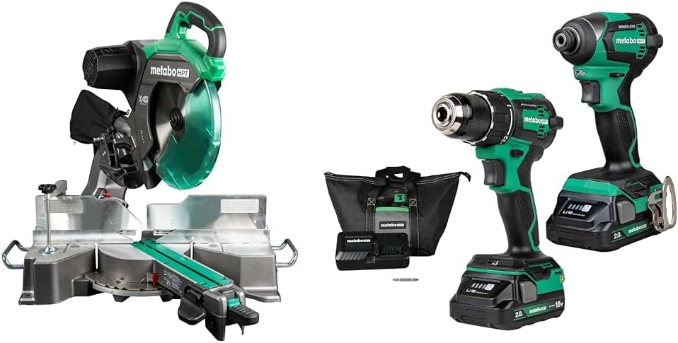 Bundle of Metabo HPT 12-Inch Sliding Miter Saw, C12RSH3 + Metabo HPT 18V MultiVolt™ Cordless Brushless Driver Drill & Impact Driver Combo Kit, KC18DEXQB