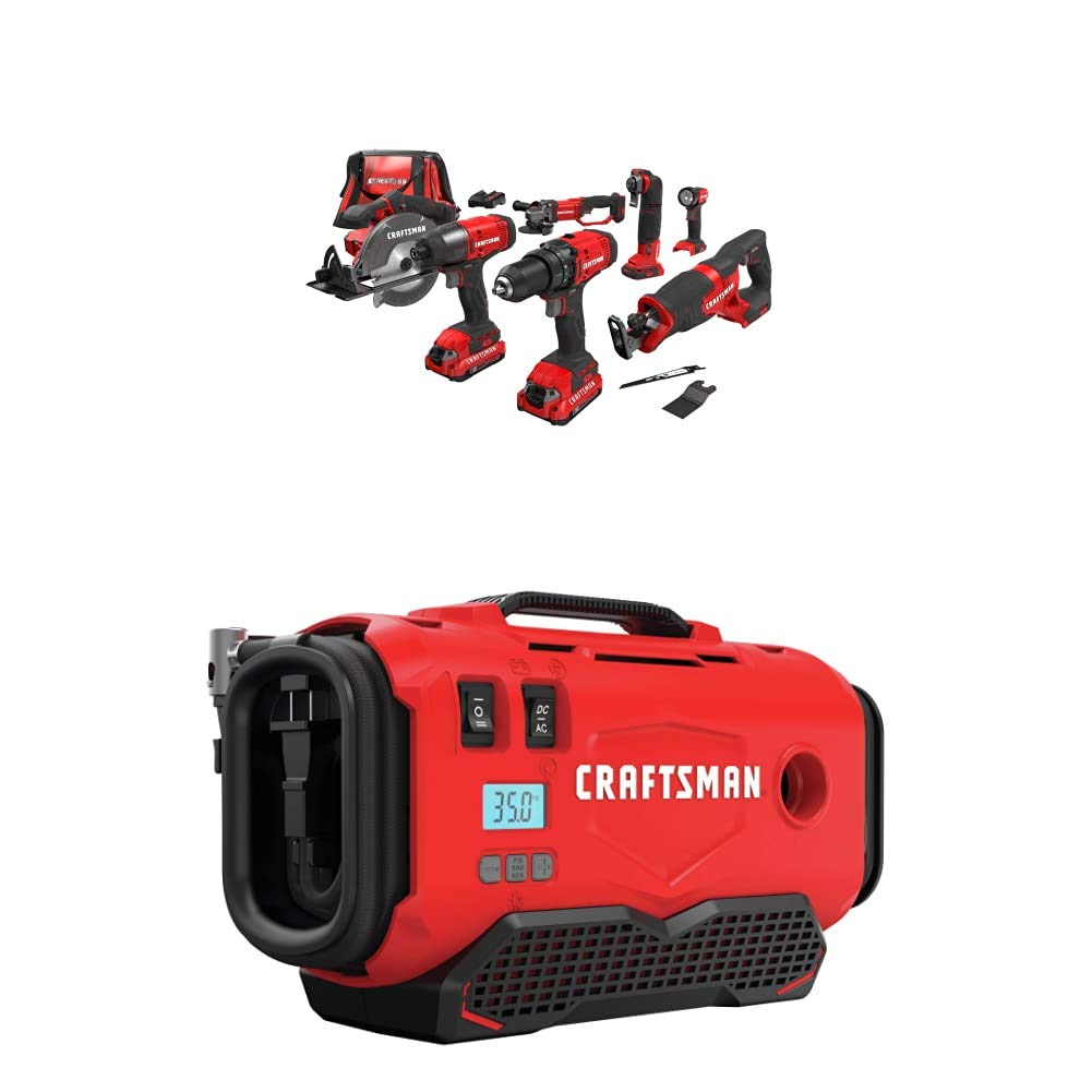 CRAFTSMAN Cordless Drill Combo Kit, 7 Tool & Inflator (CMCK700D2 & CMCE520B)