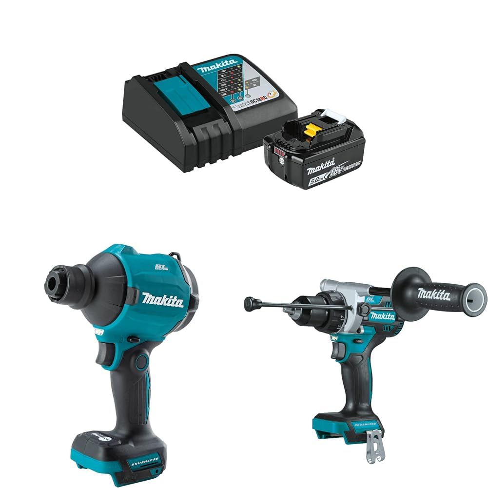 Makita XSA01Z 18V LXT® Brushless High Speed Blower/Inflator & XPH14Z 18V LXT® Brushless 1/2" Hammer Driver-Drill with BL1850BDC1 18V LXT Lithium-Ion Battery and Charger Starter Pack (5.0Ah)