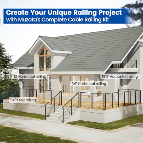 Muzata 13'-19'6" Black Complete Cable Railing Kit 42 Inch Cable Railing System for Decks with Post Handrail Length Adjustable Easy DIY with User Guide Complete Set RCS2 BH4L