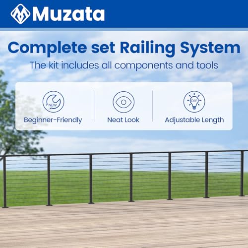 Muzata 13'-19'6" Black Complete Cable Railing Kit 42 Inch Cable Railing System for Decks with Post Handrail Length Adjustable Easy DIY with User Guide Complete Set RCS2 BH4L