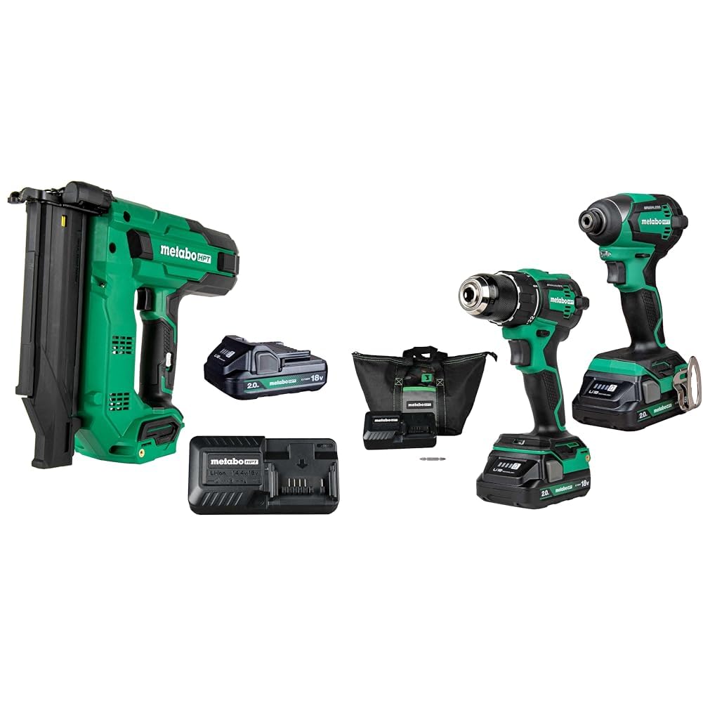 Bundle of Metabo HPT 18V MultiVolt™ 18-Ga Compact Cordless Brad Nailer Kit, NT1850DG + Metabo HPT 18V MultiVolt™ Cordless Brushless Driver Drill & Impact Driver Combo Kit, KC18DEXQB
