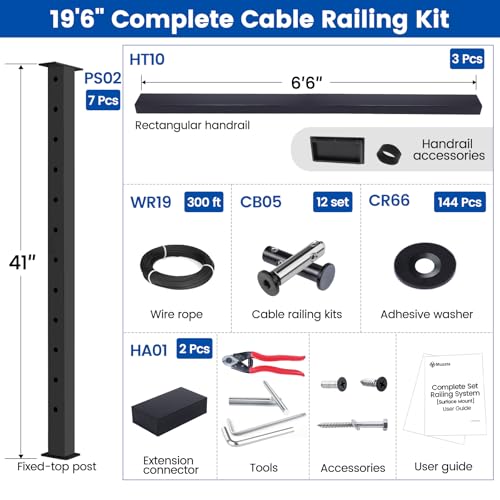 Muzata 13'-19'6" Black Complete Cable Railing Kit 42 Inch Cable Railing System for Decks with Post Handrail Length Adjustable Easy DIY with User Guide Complete Set RCS2 BH4L