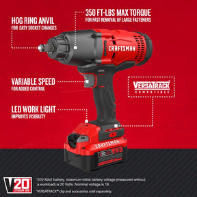 CRAFTSMAN V20 RP 1/2 inch Cordless Impact Wrench Kit, Brushless, 4Ah Battery and Charger Included (CMCF900M1)
