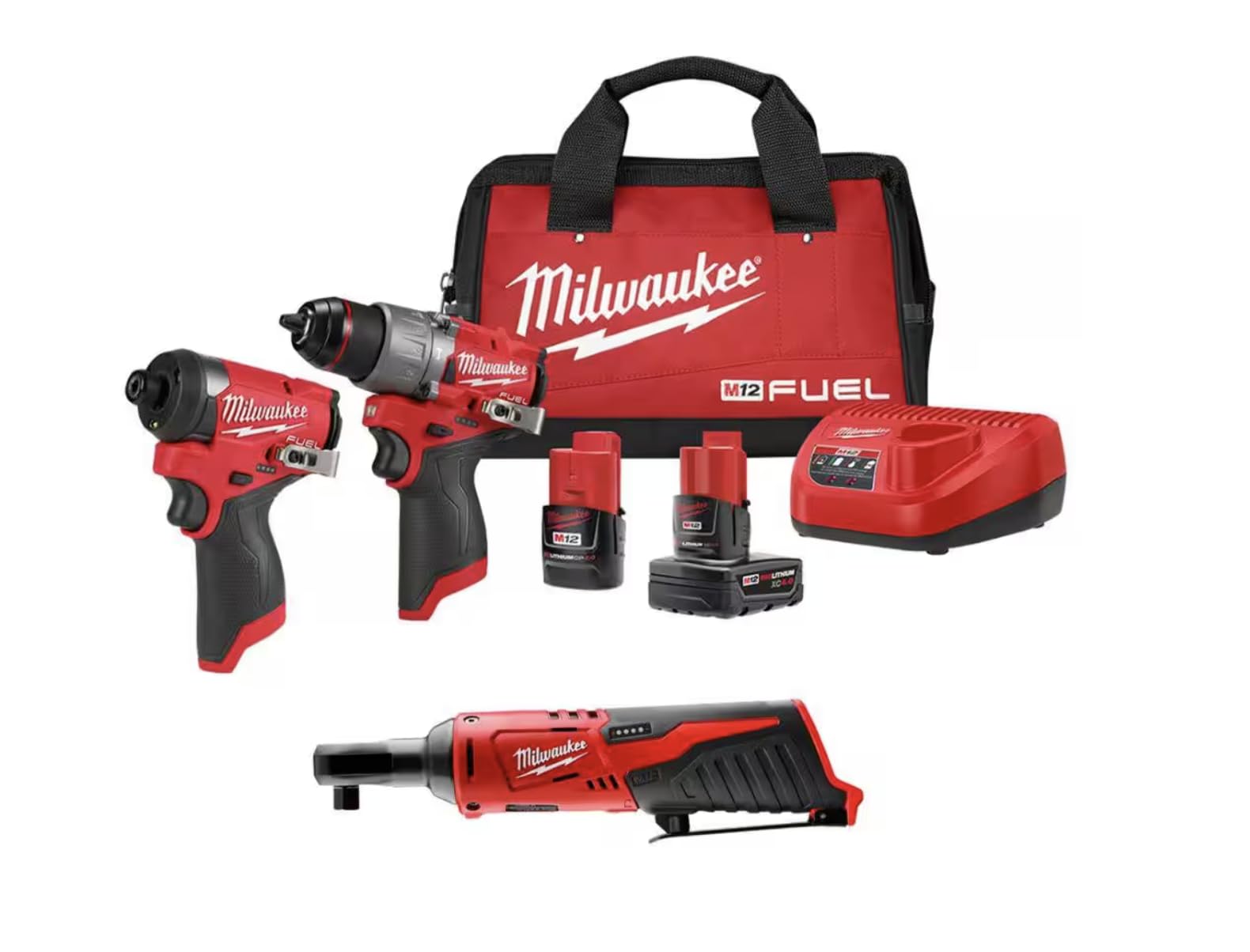 Milwaukee M12 FUEL 12-Volt Li-Ion Brushless Cordless Hammer Drill and Impact Driver Combo Kit (2-Tool) W/Free M12 3/8 in. Ratchet