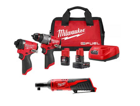 Milwaukee M12 FUEL 12-Volt Li-Ion Brushless Cordless Hammer Drill and Impact Driver Combo Kit (2-Tool) W/Free M12 3/8 in. Ratchet