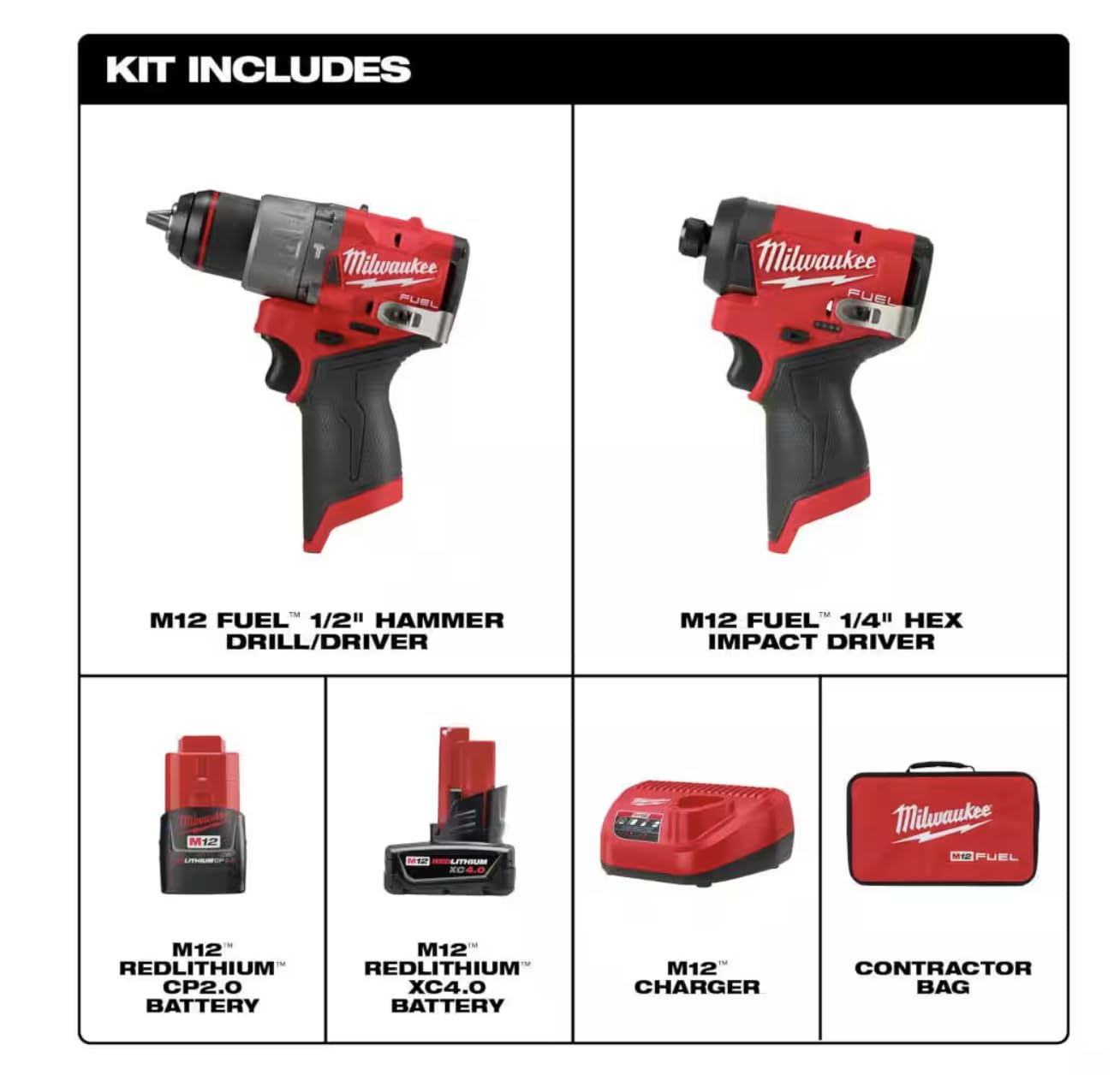Milwaukee M12 FUEL 12-Volt Li-Ion Brushless Cordless Hammer Drill and Impact Driver Combo Kit (2-Tool) W/Free M12 3/8 in. Ratchet