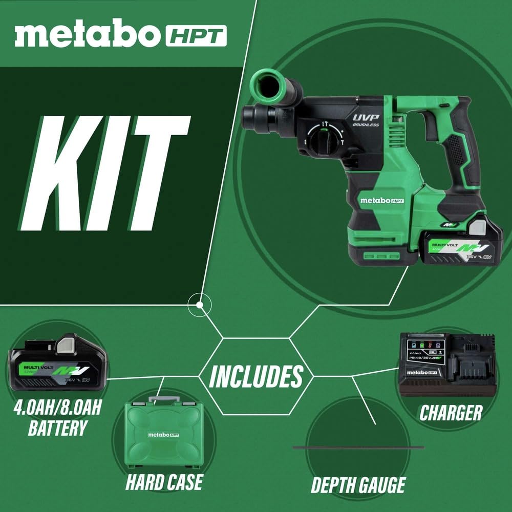 Metabo HPT Cordless 36V MultiVolt™ Rotary Hammer Kit | SDS Plus | 1-1/8-Inch | LED Level | User Vibration Protection | Optional AC Adapter | DH3628DA