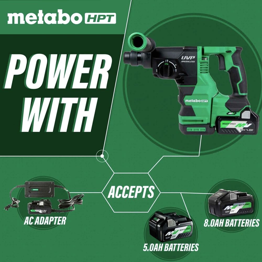 Metabo HPT Cordless 36V MultiVolt™ Rotary Hammer Kit | SDS Plus | 1-1/8-Inch | LED Level | User Vibration Protection | Optional AC Adapter | DH3628DA