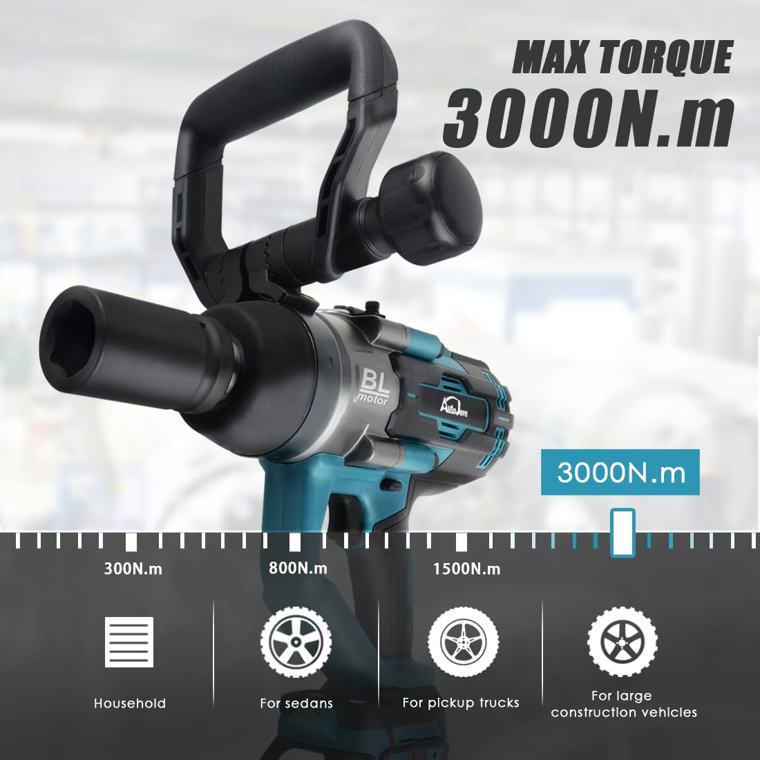 AUTOJARE Cordless Impact Wrench 1" Brushless High Torque 2200 Ft-lbs (3000 N.m) Heavy-duty Impact Wrench with 6.0A Battery, Fast Charger, Carrying Case and 2pc Sockets