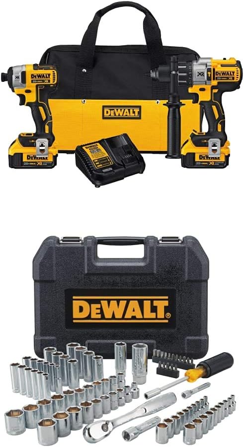 DEWALT DCK299M2 20V MAX XR 4.0Ah Premium Cordless Hammerdrill & Impact Driver Combo Kit with DWMT81531 84Pc Mechanics Tool Set