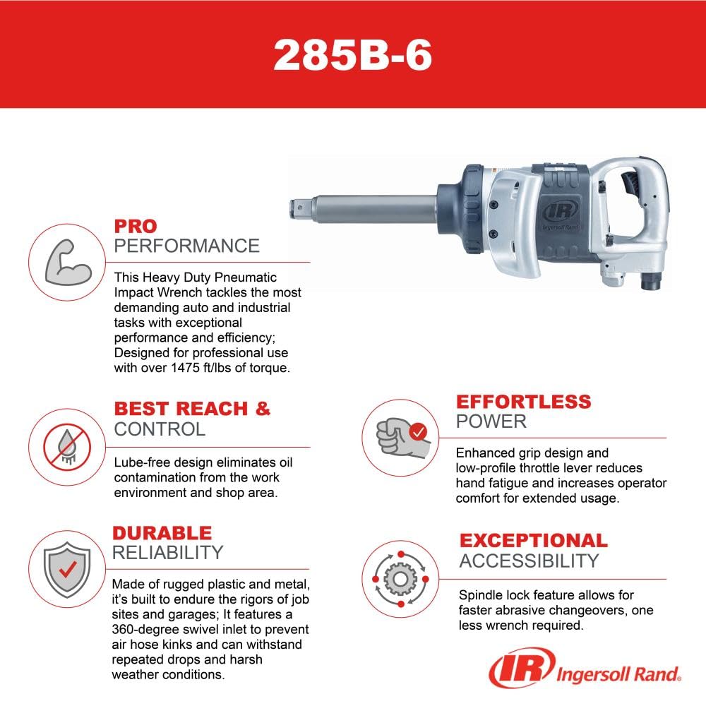 Ingersoll Rand 285B-6 1-Inch Cordless Pneumatic Impact Wrench with 6-Inch Extended Anvil and 2 Handles
