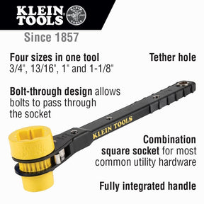 Klein Tools Lineman's Ratcheting Wrench Bundle with Impact Socket (3/4-Inch, 13/16-Inch, 1-Inch x 1-1/8-Inch) | NRHD 5-In-1 Impact Socket