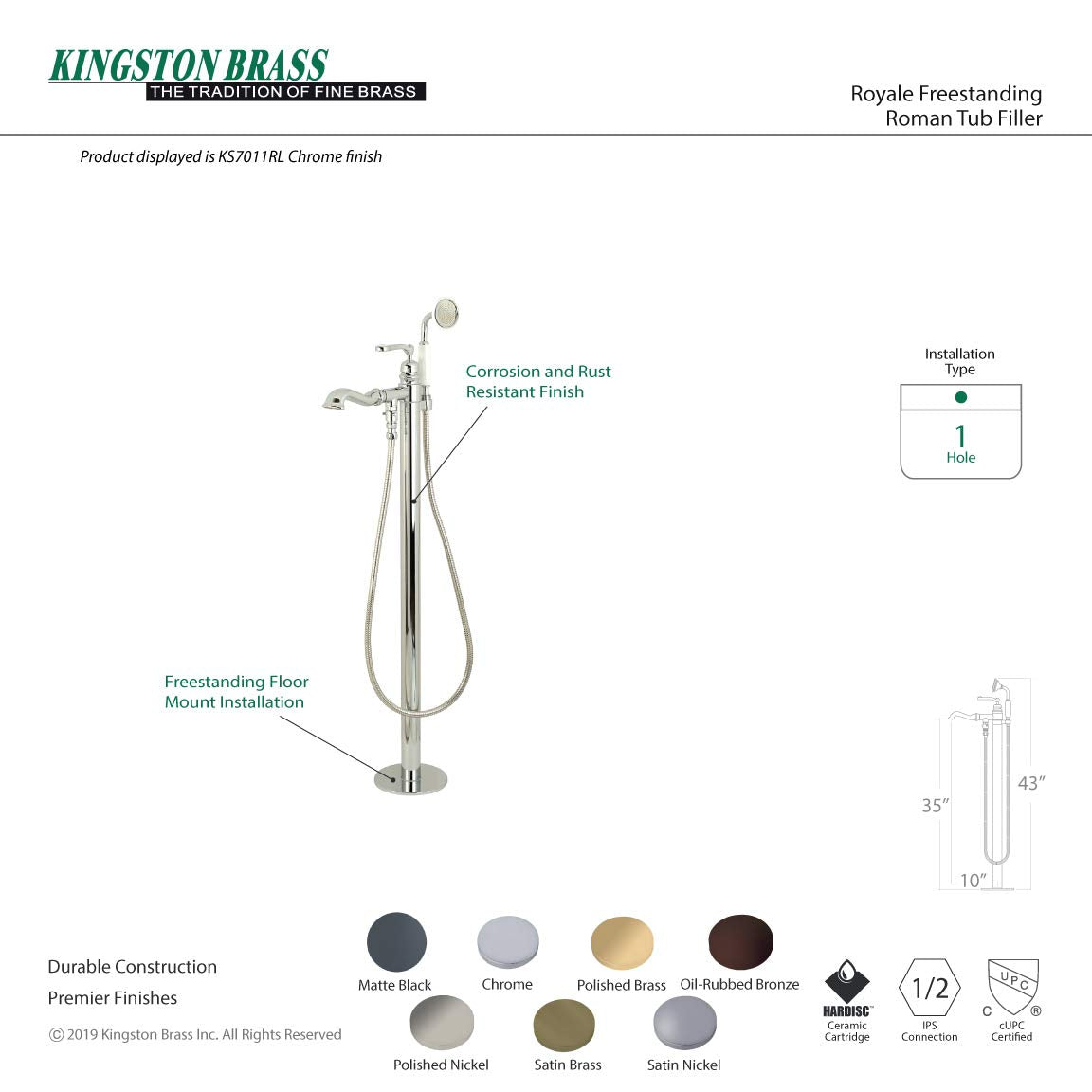 Kingston Brass KS7017RL Royale Single Handle Freestanding Roman Tub Faucet With Hand Shower, Brushed Brass