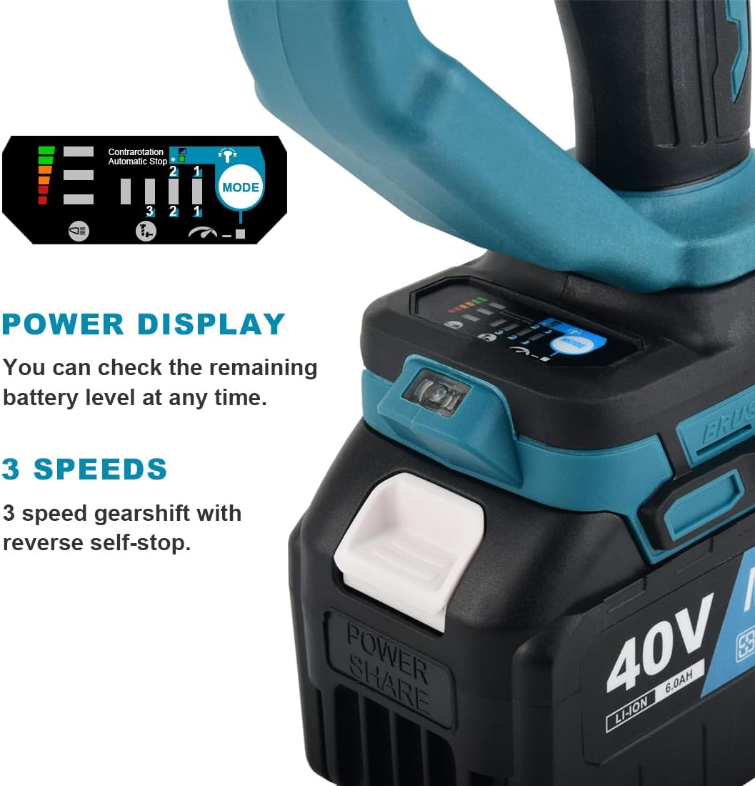 AUTOJARE Cordless Impact Wrench 1" Brushless High Torque 2200 Ft-lbs (3000 N.m) Heavy-duty Impact Wrench with 6.0A Battery, Fast Charger, Carrying Case and 2pc Sockets