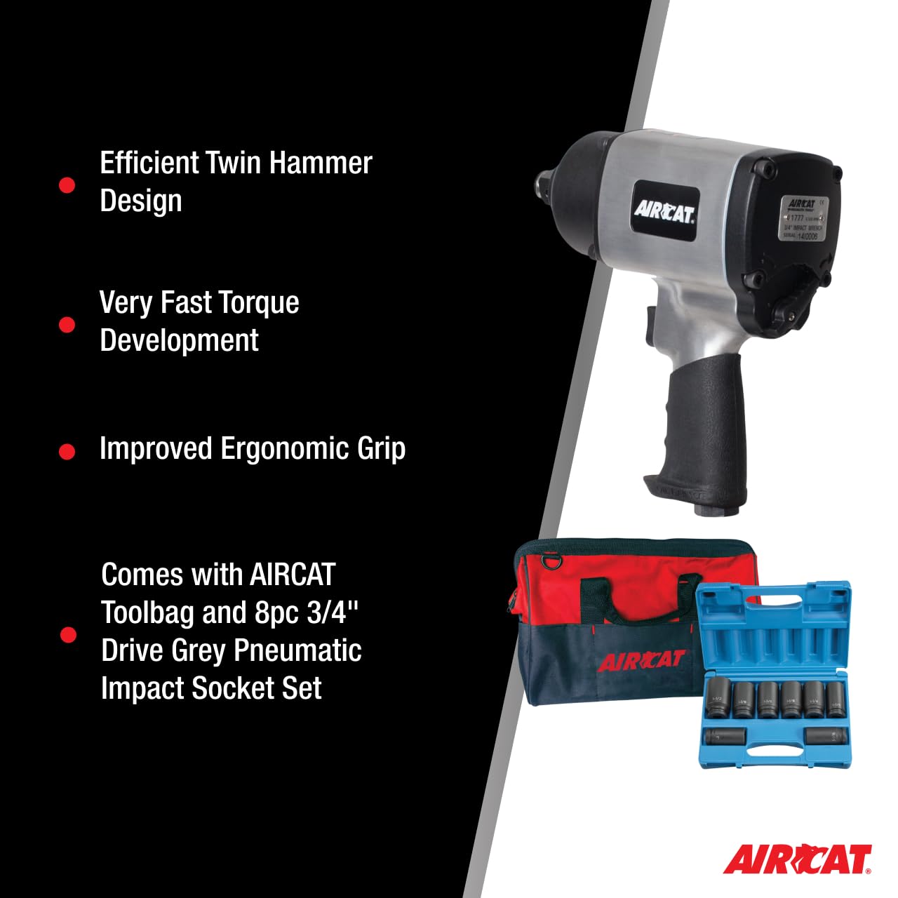 AIRCAT Pneumatic Tools 1777K: 3/4-Inch Impact Wrench Kit with Refined Design Twin Hammer 1,600 ft-lbs of Torque