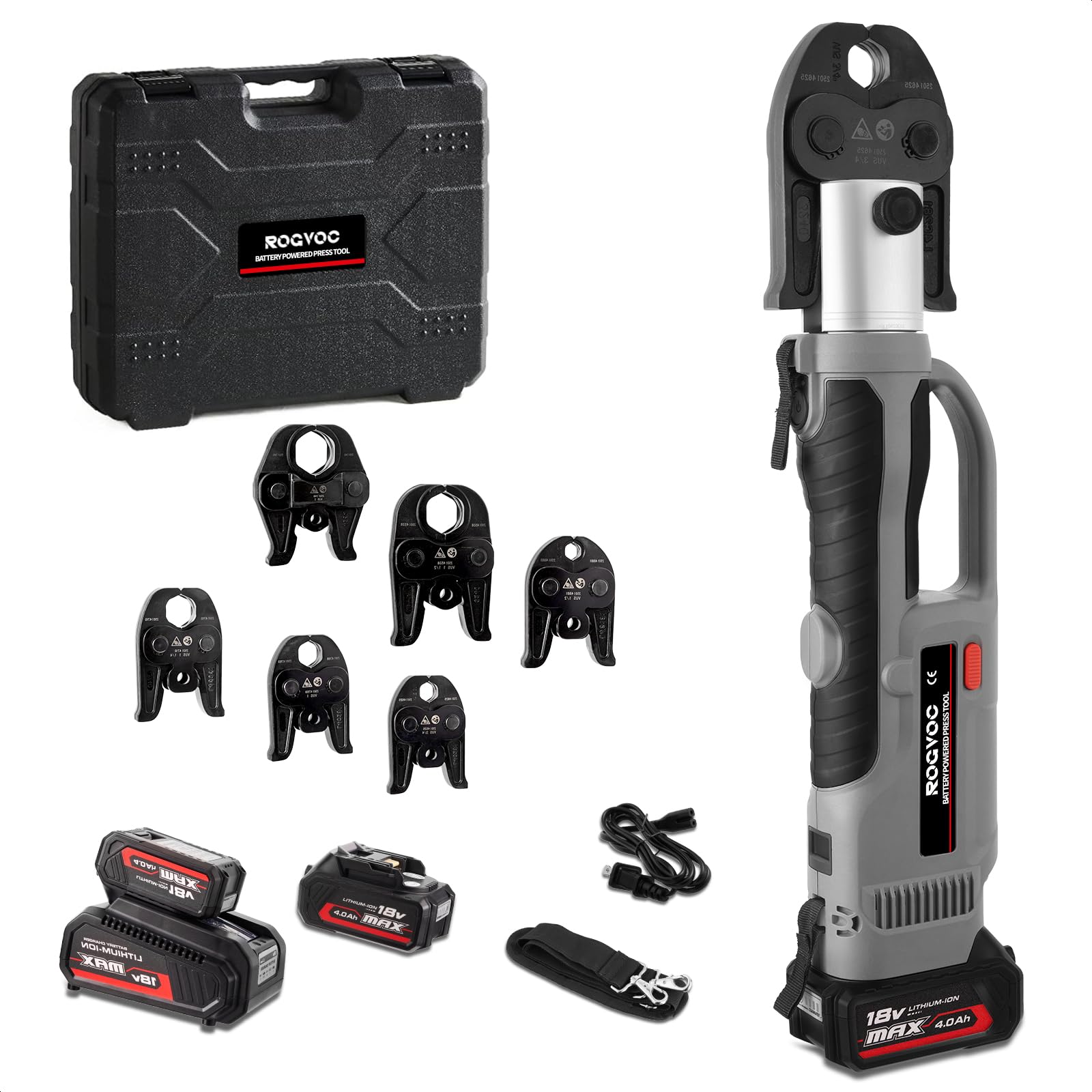 ROGVOC Electric Pipe Crimping Tool Kit with 6 Pro Press Jaws, Pro Press Tool for 1/2 to 2 inches Copper Pipes and Stainless Steel Pipes, 2pcs 4 Ah Battery and Charger, Carrying Case Included