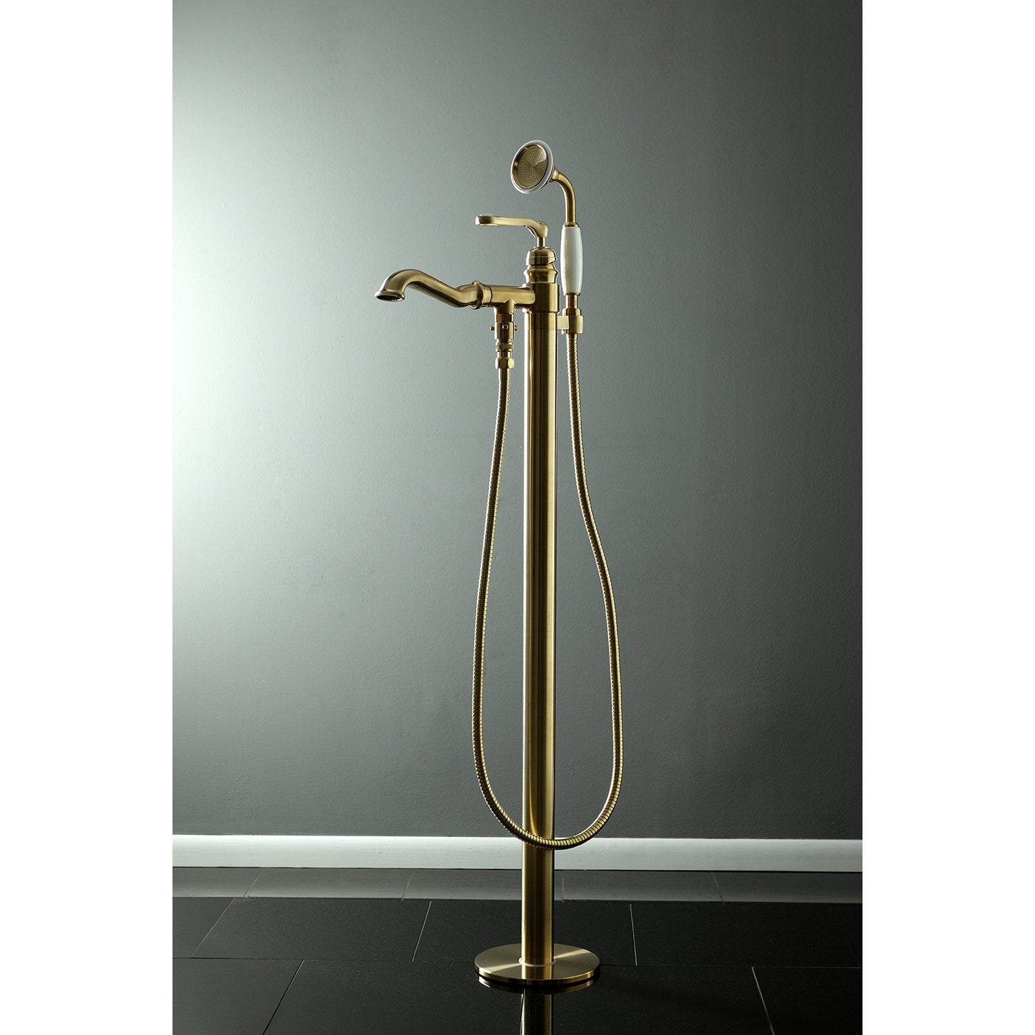 Kingston Brass KS7017RL Royale Single Handle Freestanding Roman Tub Faucet With Hand Shower, Brushed Brass