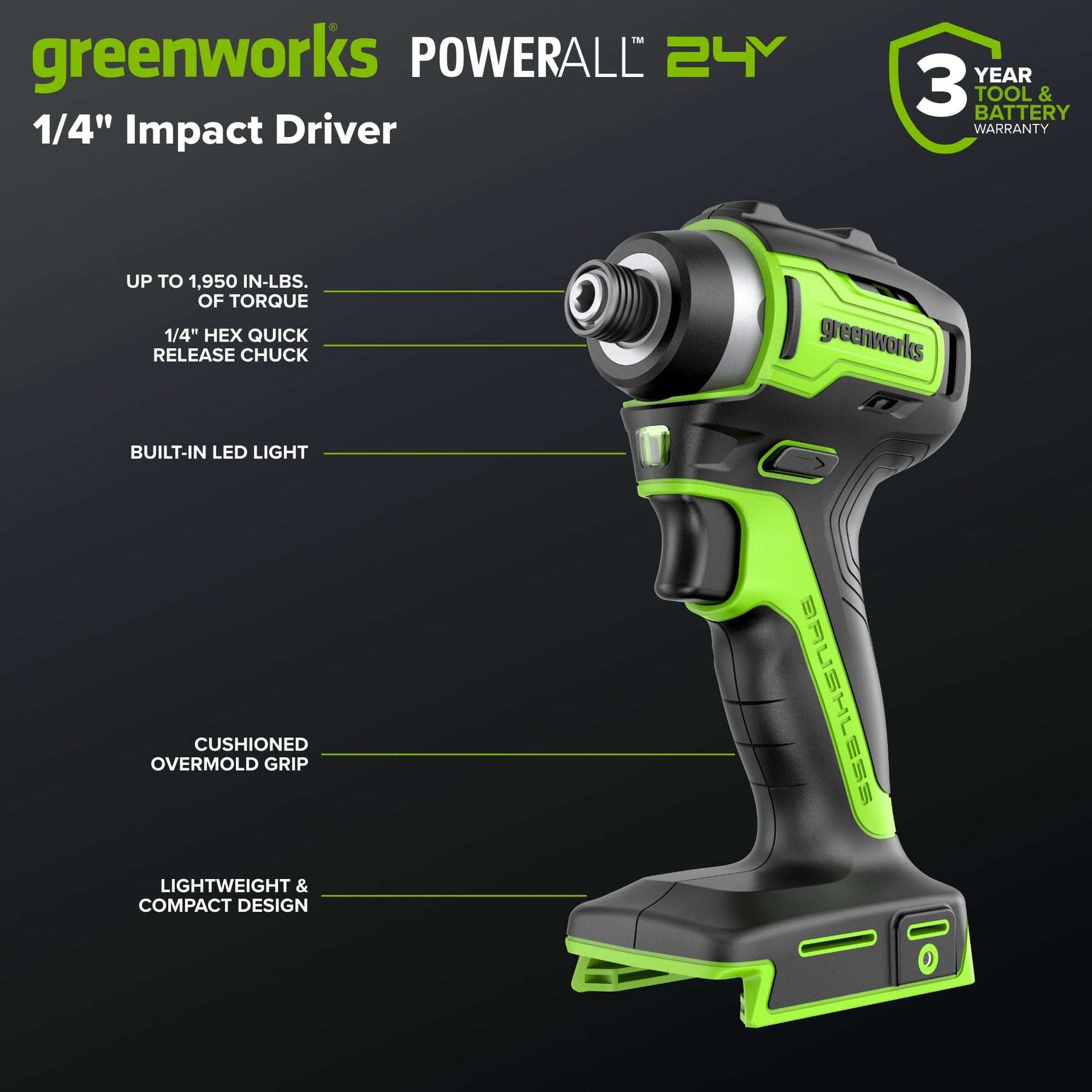 Greenworks 24V Cordless Brushless 5PCs Combo, Drill/Driver +Impact Driver +6.5" Circular Saw +Oscillating Tool +200LM Flashlight, 2.0Ah + 4.0Ah Batteries (24,000mAh Power Bank) and 65W USB-C Charger