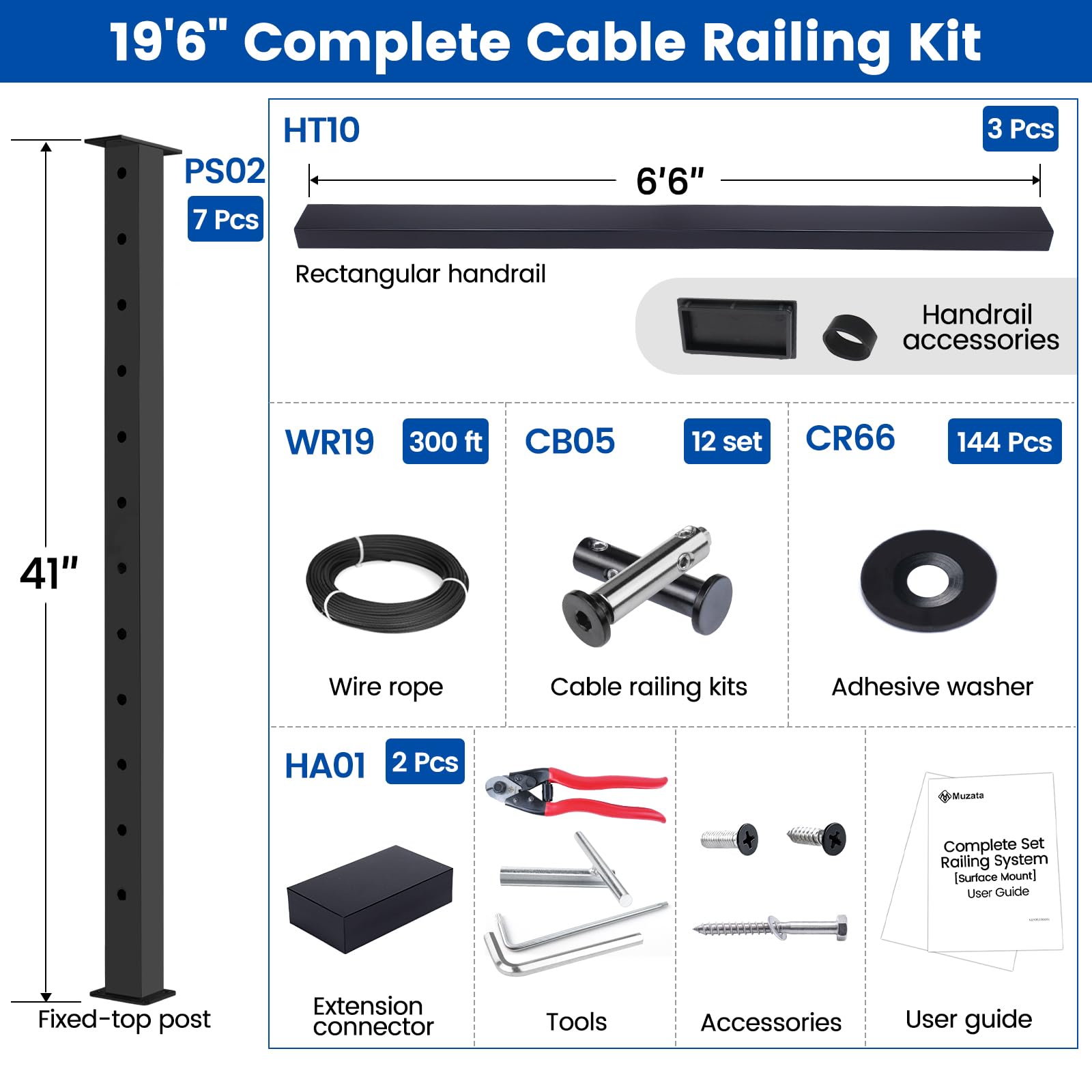 Muzata 13'-19'6" Black Complete Cable Railing Kit 42 Inch Cable Railing System for Decks with Post Handrail Length Adjustable Easy DIY with User Guide Complete Set RCS2 BH4L