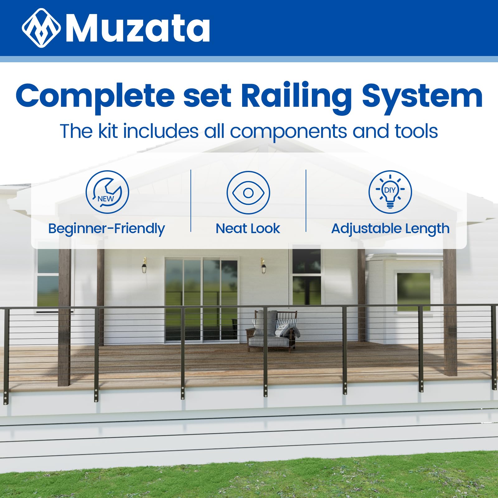 Muzata 13'-19'6" Side Mount Black Complete Cable Railing Kit 42 Inch Cable Railing System for Decks with Post Handrail Space-Saving Fasica Mount with User Guide RCF2 BH4L