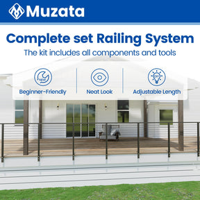 Muzata 13'-19'6" Side Mount Black Complete Cable Railing Kit 42 Inch Cable Railing System for Decks with Post Handrail Space-Saving Fasica Mount with User Guide RCF2 BH4L