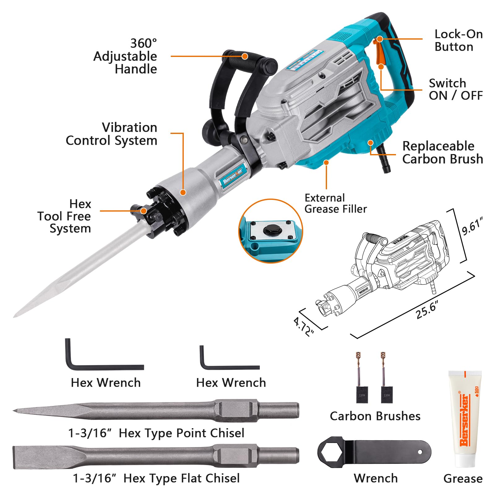Berserker 1700W 30-Pound Demolition Jack Hammer with 1-3/16" Hex, 14-Amp Corded Electric Heavy Duty Demo Chipping Hammer Concrete/Pavement Breaker with Carrying Case Flat Chisel Bull Point Chisel