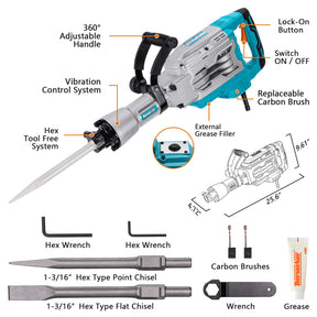 Berserker 1700W 30-Pound Demolition Jack Hammer with 1-3/16" Hex, 14-Amp Corded Electric Heavy Duty Demo Chipping Hammer Concrete/Pavement Breaker with Carrying Case Flat Chisel Bull Point Chisel