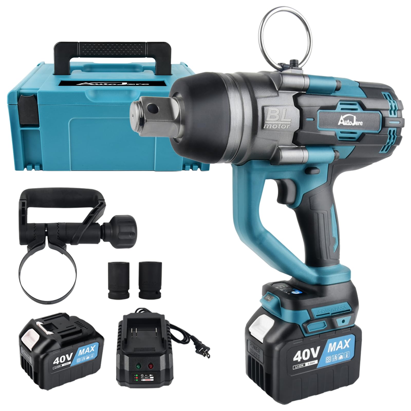 AUTOJARE Cordless Impact Wrench 1" Brushless High Torque 2200 Ft-lbs (3000 N.m) Heavy-duty Impact Wrench with 6.0A Battery, Fast Charger, Carrying Case and 2pc Sockets