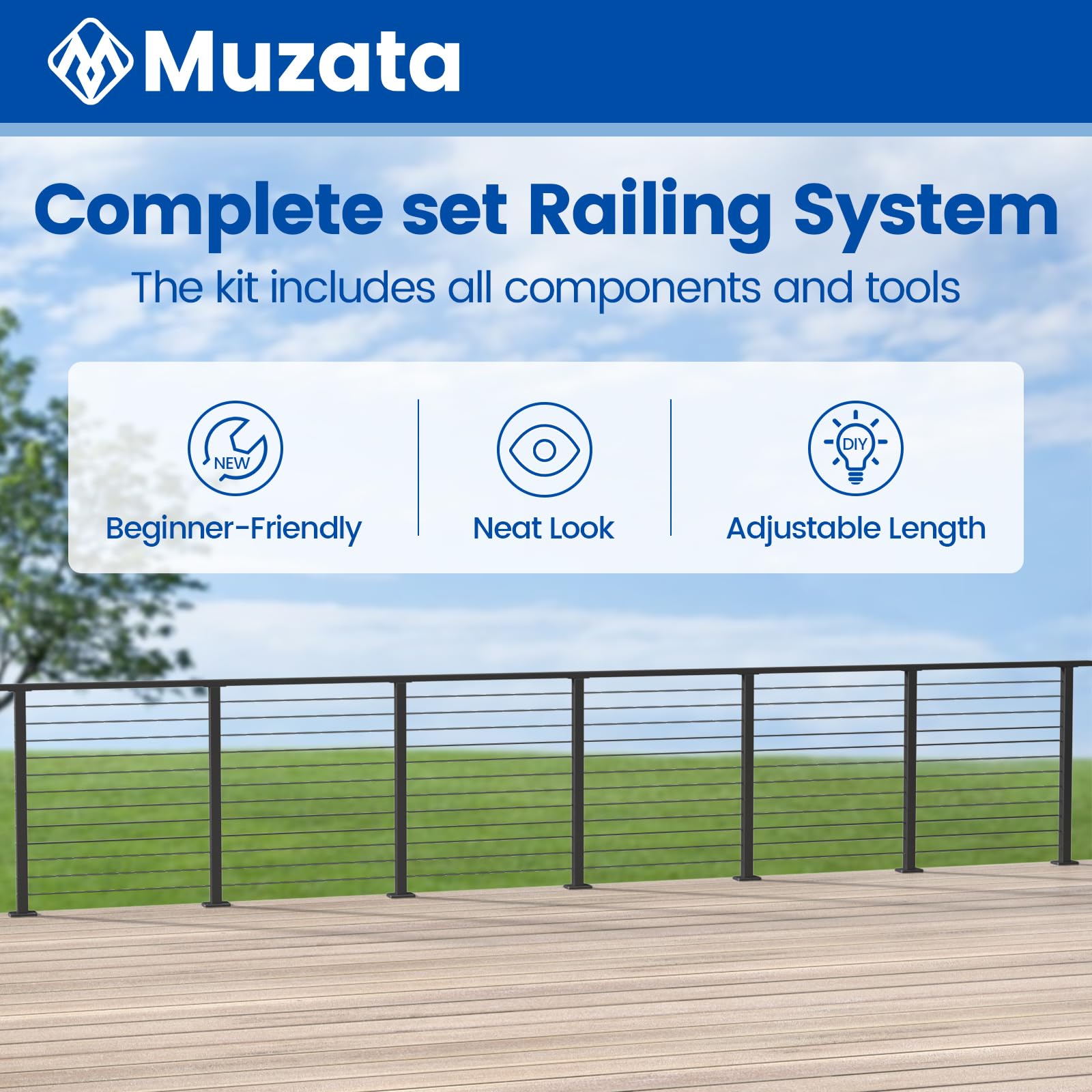 Muzata 13'-19'6" Black Complete Cable Railing Kit 42 Inch Cable Railing System for Decks with Post Handrail Length Adjustable Easy DIY with User Guide Complete Set RCS2 BH4L