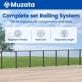 Muzata 13'-19'6" Black Complete Cable Railing Kit 42 Inch Cable Railing System for Decks with Post Handrail Length Adjustable Easy DIY with User Guide Complete Set RCS2 BH4L