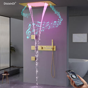 Brushed Gold Ceiling LED Rain Shower Head With Handheld, DisixinDi Large Luxury Rainfall Shower System Fixtures With Body Jets Thermostatic Mixer Trim Kit Included