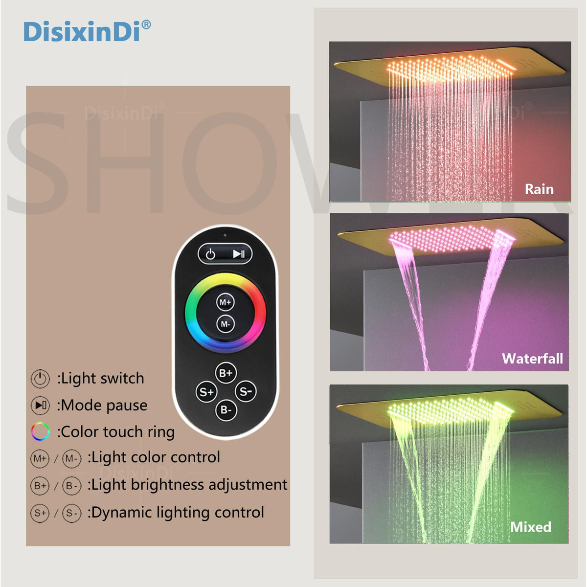 Brushed Gold Ceiling LED Rain Shower Head With Handheld, DisixinDi Large Luxury Rainfall Shower System Fixtures With Body Jets Thermostatic Mixer Trim Kit Included