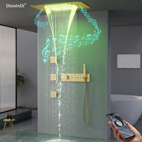 Brushed Gold Ceiling LED Rain Shower Head With Handheld, DisixinDi Large Luxury Rainfall Shower System Fixtures With Body Jets Thermostatic Mixer Trim Kit Included