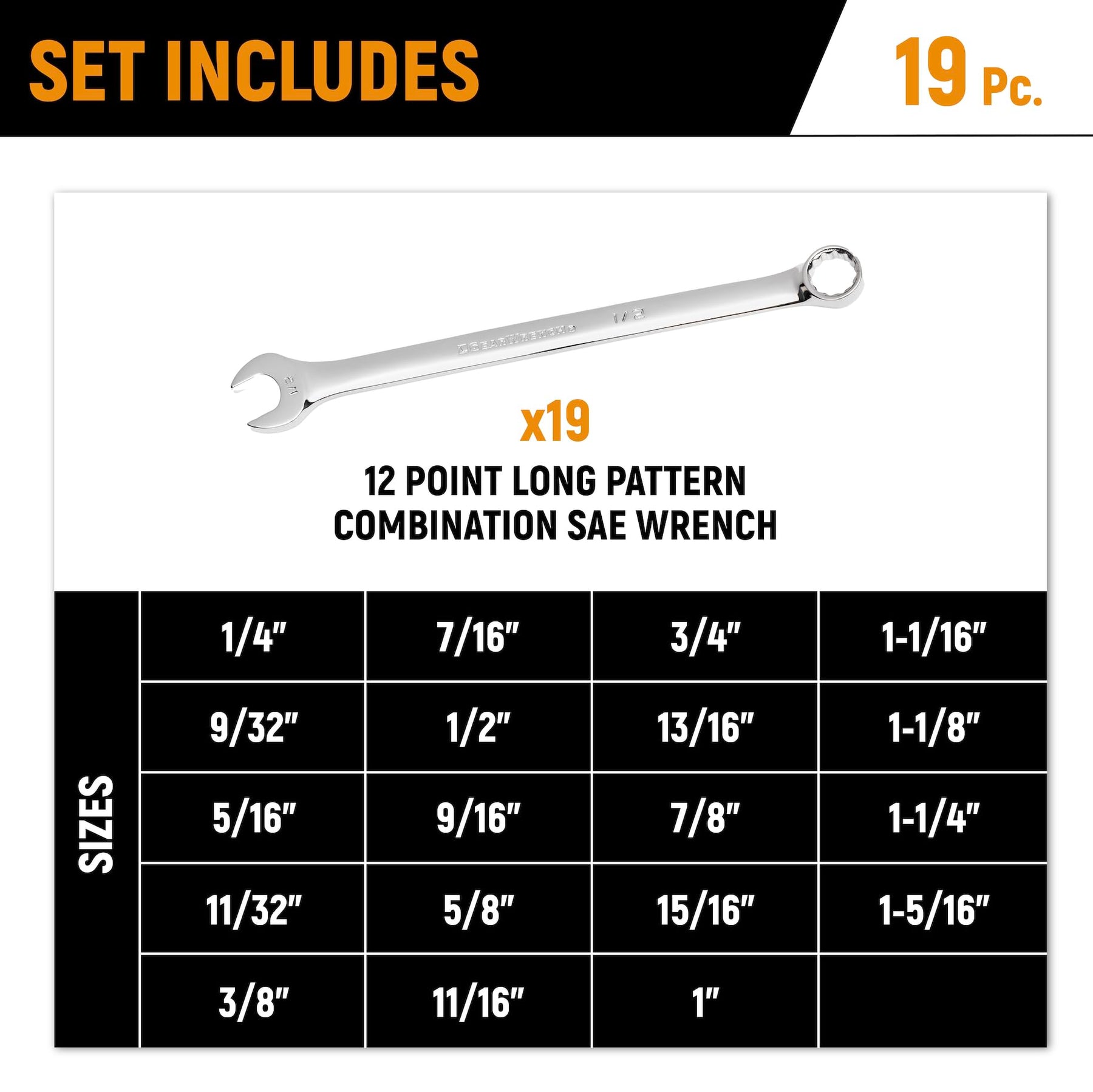 GEARWRENCH 19 Piece 12 Pt Long Pattern Combination SAE Wrench Set in Foam Storage Tray - GWMSCWL12SAE