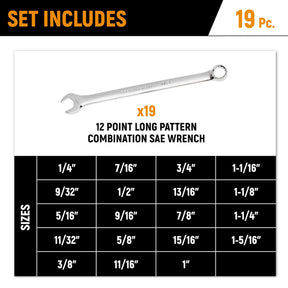 GEARWRENCH 19 Piece 12 Pt Long Pattern Combination SAE Wrench Set in Foam Storage Tray - GWMSCWL12SAE