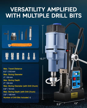 ZELCAN Magnetic Drill Press with 6 Drill Bits, 1550W Mag Drill Press with 2" Dia. 3125 lbf/13900N Mag Force, 650 rpm Power Magnetic Drill with Stepless Speed & Reversible Direction for Metal Surface
