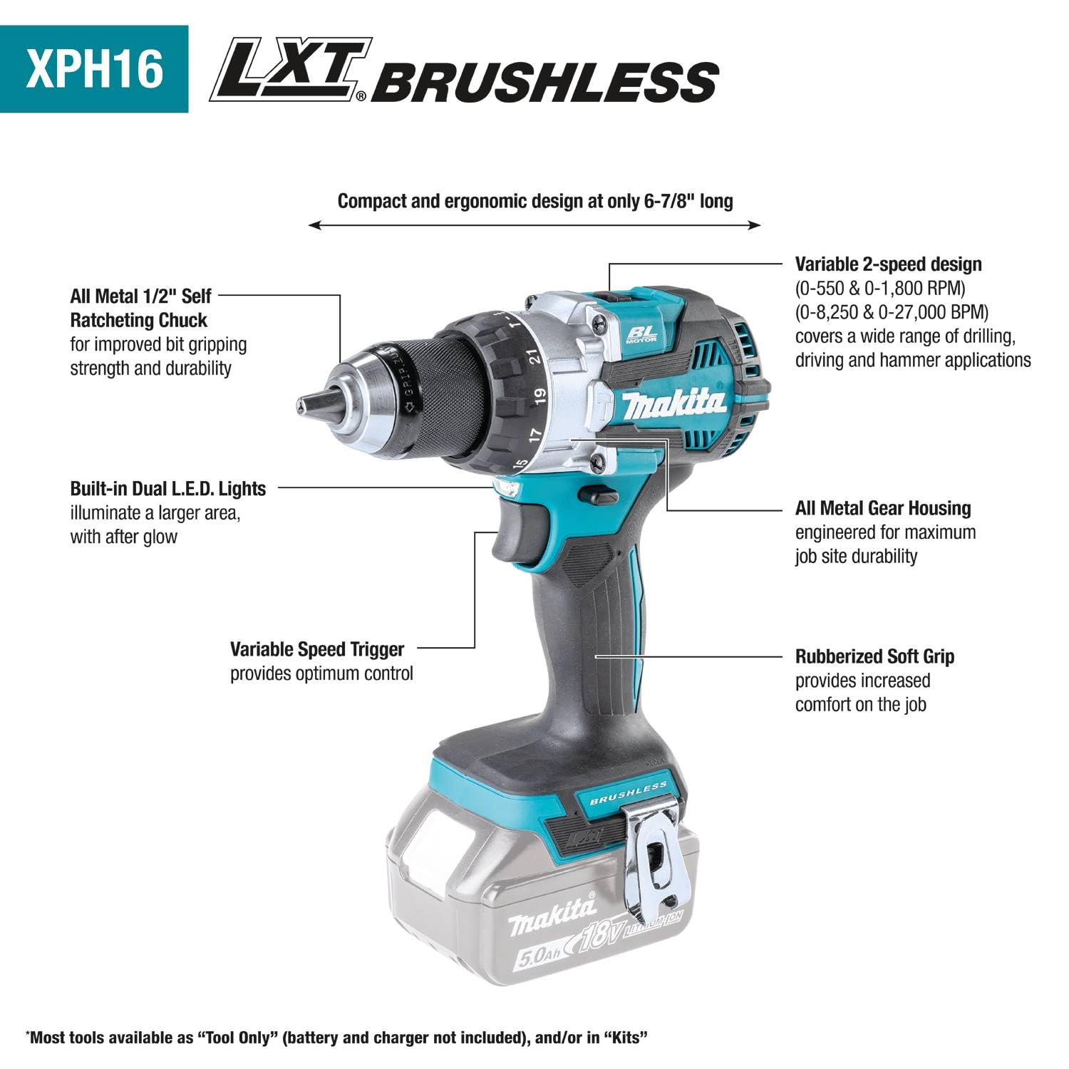 Makita XPH16T 18V LXT® Lithium-Ion Compact Brushless Cordless 1/2" Hammer Driver-Drill Kit (5.0Ah)