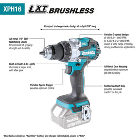 Makita XPH16T 18V LXT® Lithium-Ion Compact Brushless Cordless 1/2" Hammer Driver-Drill Kit (5.0Ah)
